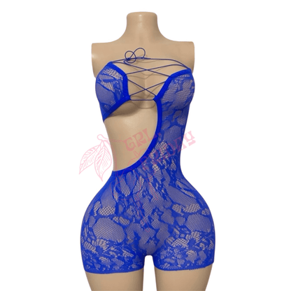 Blue Strapless Floral Lace Up Side Cutout Fishnet Mesh Shorts Romper Bodystocking - 2 Piece Set - GrlFriday Shop