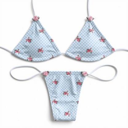 Blue + White Gingham Microkini with Flowers - GrlFriday Shop