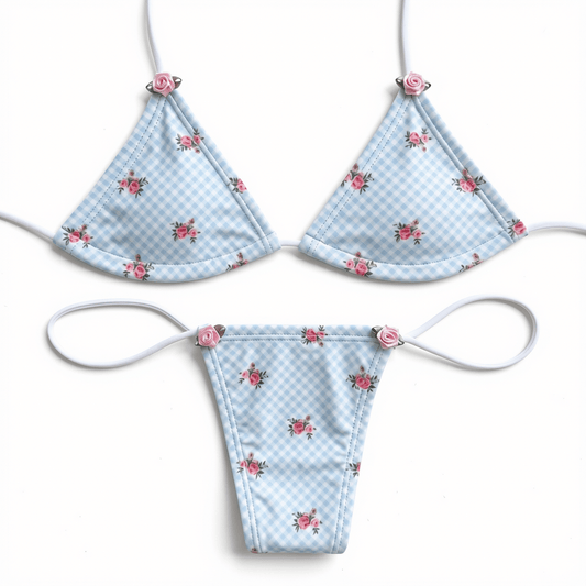Blue + White Gingham Microkini with Flowers - GrlFriday Shop