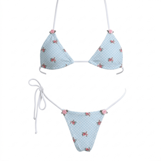 Blue + White Gingham Microkini with Flowers - GrlFriday Shop