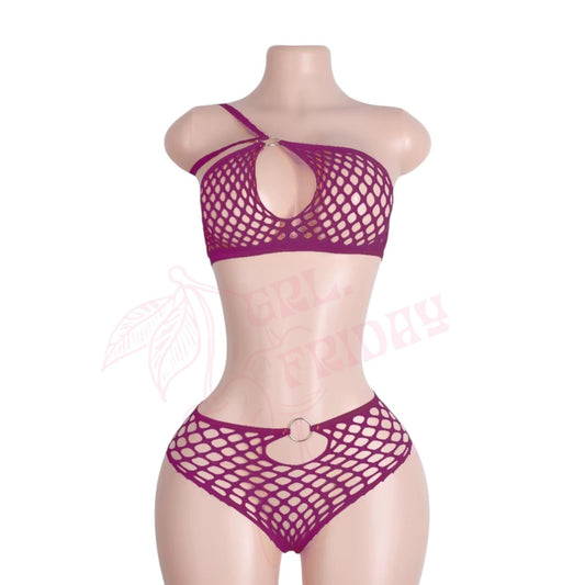 Burgundy Red Mesh Halter Bikini Set with O - Rings - GrlFriday Shop
