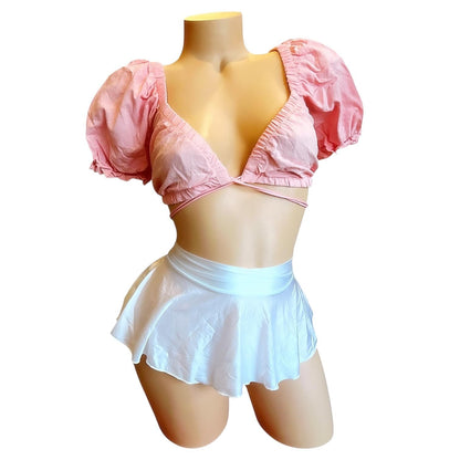 Coral Pastel Pink Coquette Peasant Crop Top - EXOTIC DANCEWEAR - GrlFriday Shop