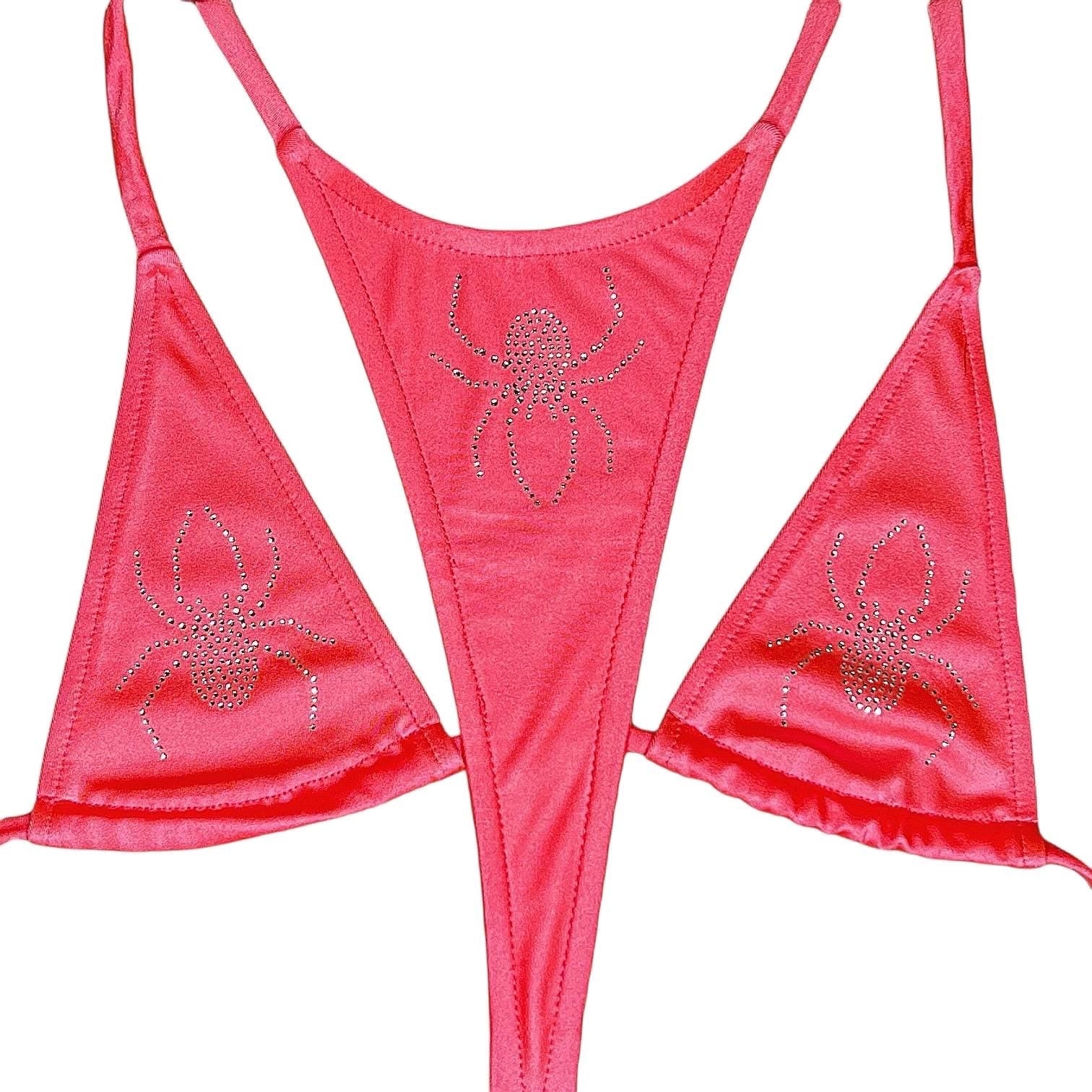 Coral Rhinestoned Spider G String Thong Mini Tri - Kini Set - GrlFriday Shop