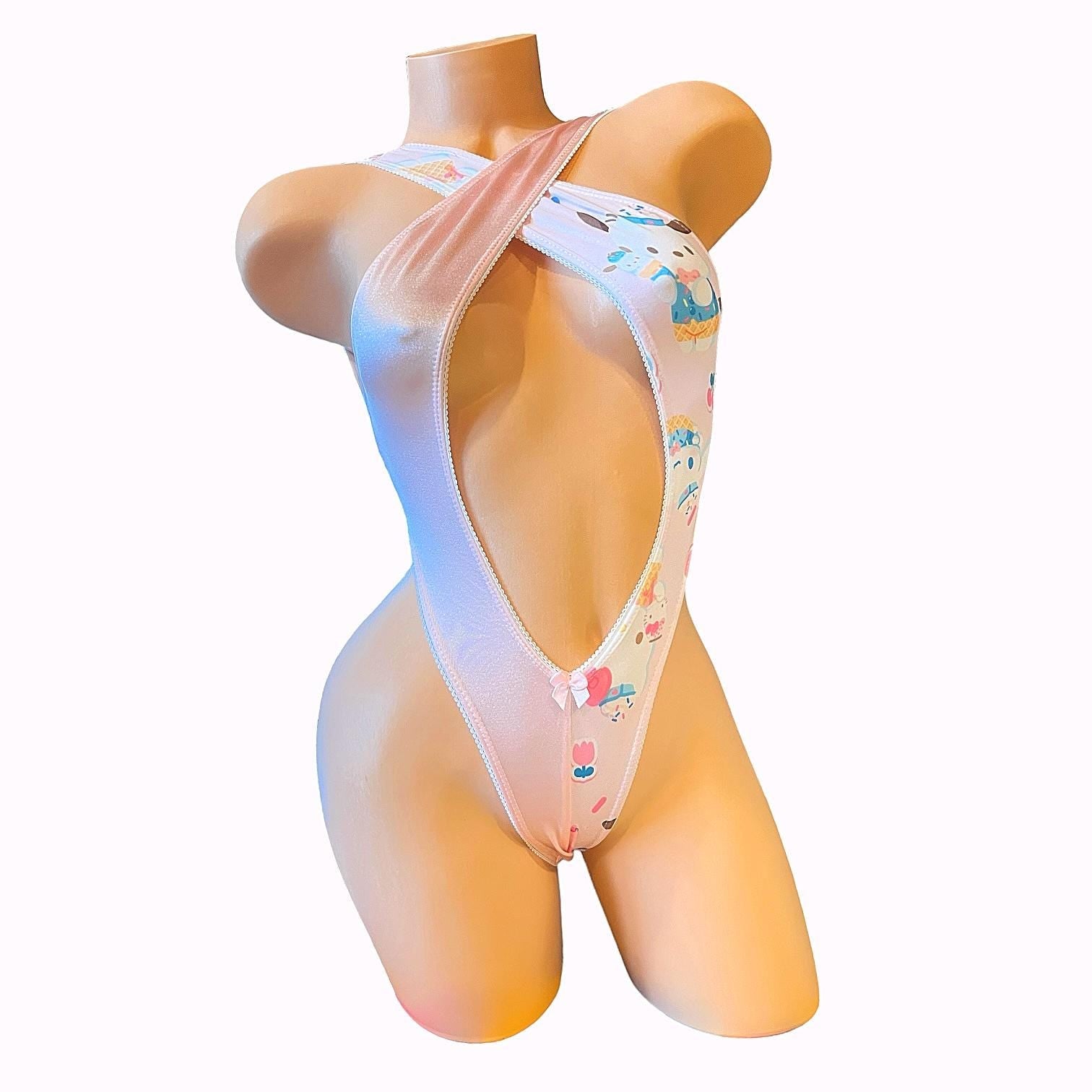 Criss - Cross Contrast Thong Monokini - Pink Sanrio - UPCYCLED Fashion - GrlFriday Shop