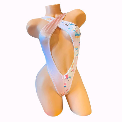 Criss - Cross Contrast Thong Monokini - Pink Sanrio - UPCYCLED Fashion - GrlFriday Shop