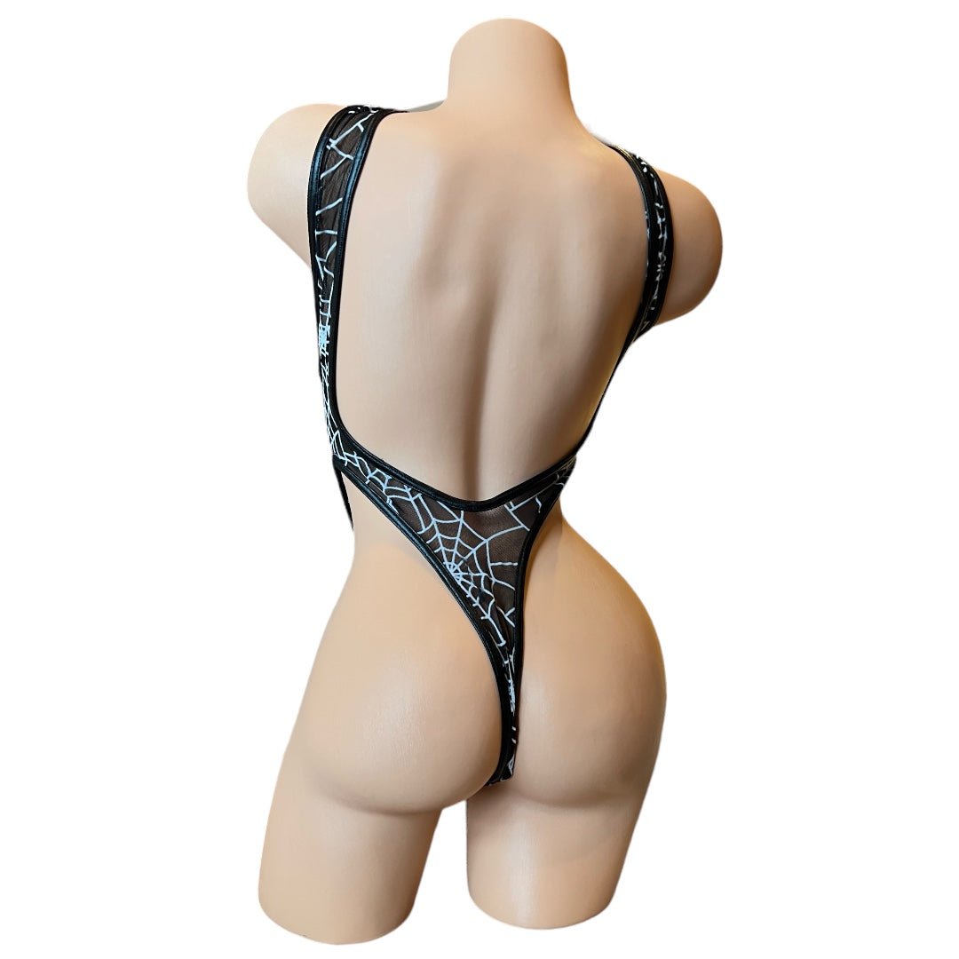 Criss - Cross Thong Monokini - Black + White Spiderweb Mesh with Vegan Leather Trim - GrlFriday Shop
