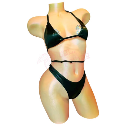 Glossy Black Retro High Cut Thong Tri - Kini Set - GrlFriday Shop