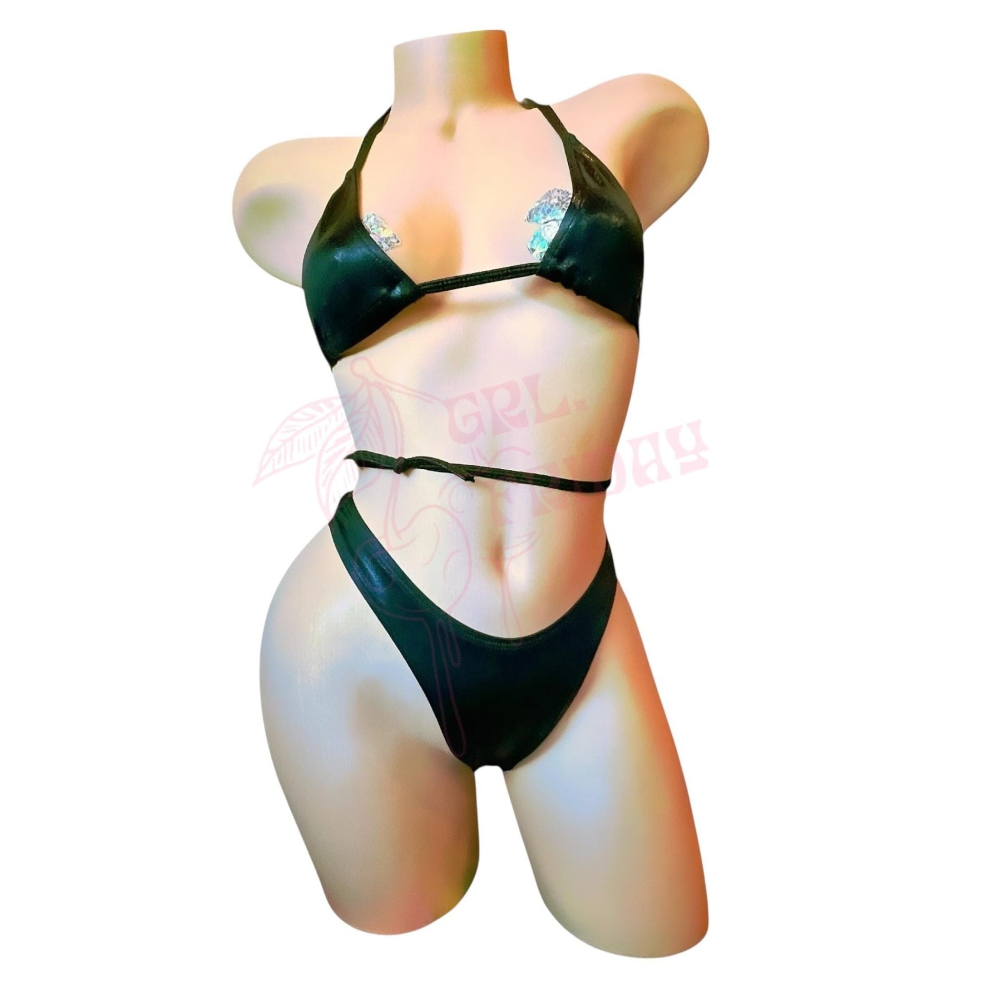 Glossy Black Retro High Cut Thong Tri - Kini Set - GrlFriday Shop