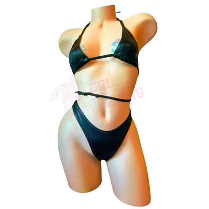 Glossy Black Retro High Cut Thong Tri - Kini Set - GrlFriday Shop