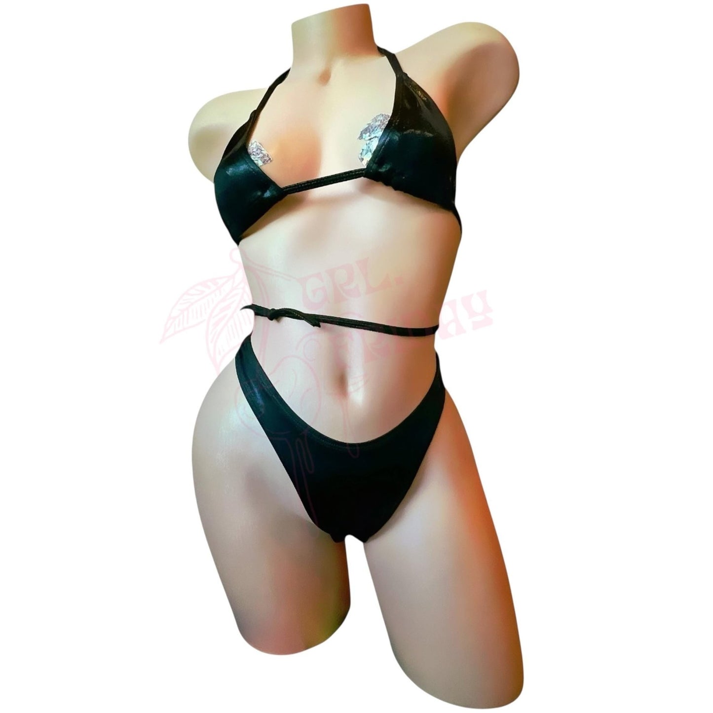 Glossy Black Retro High Cut Thong Tri - Kini Set - GrlFriday Shop