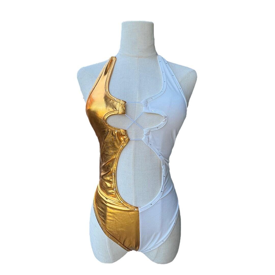Gold and White Metallic Rhinestoned Monokini - GrlFriday Shop