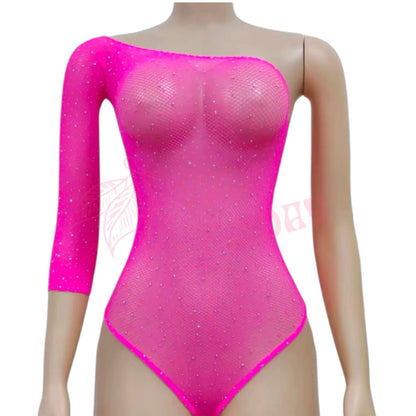 Hot Pink Asymmetrical Long Sleeve Rhinestoned Fishnet Bodysuit - GrlFriday Shop