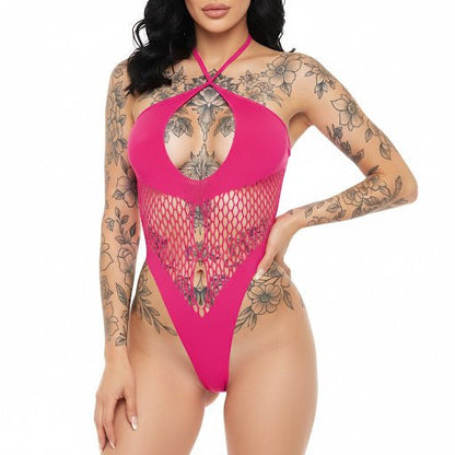 Hot Pink Halter Keyhole Fishnet Bodysuit - GrlFriday Shop