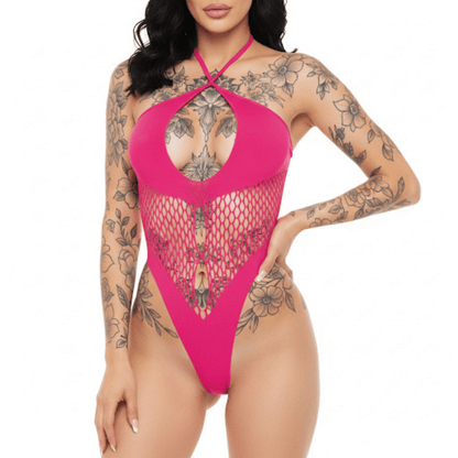 Hot Pink Halter Keyhole Fishnet Bodysuit - GrlFriday Shop