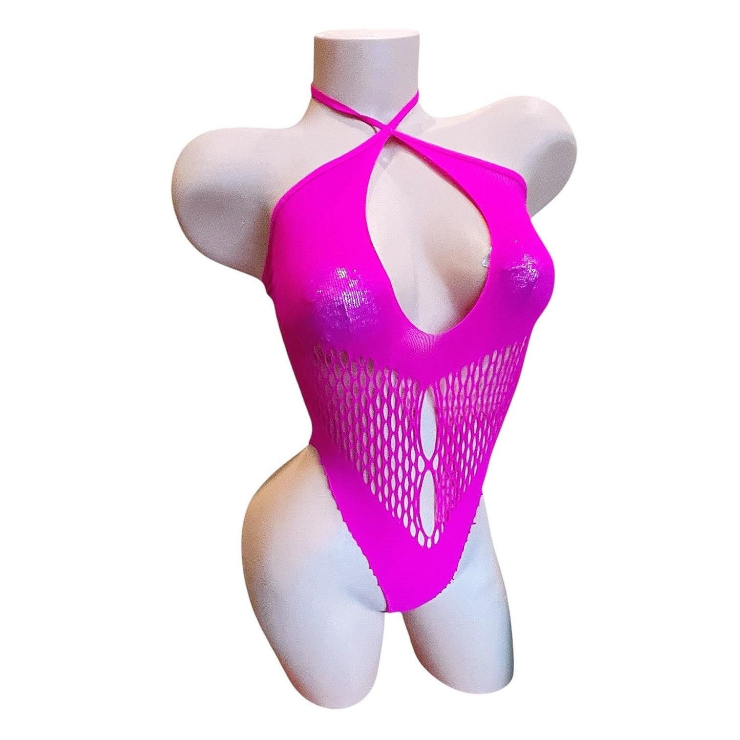 Hot Pink Halter Keyhole Fishnet Bodysuit - EXOTIC DANCEWEAR - GrlFriday Shop