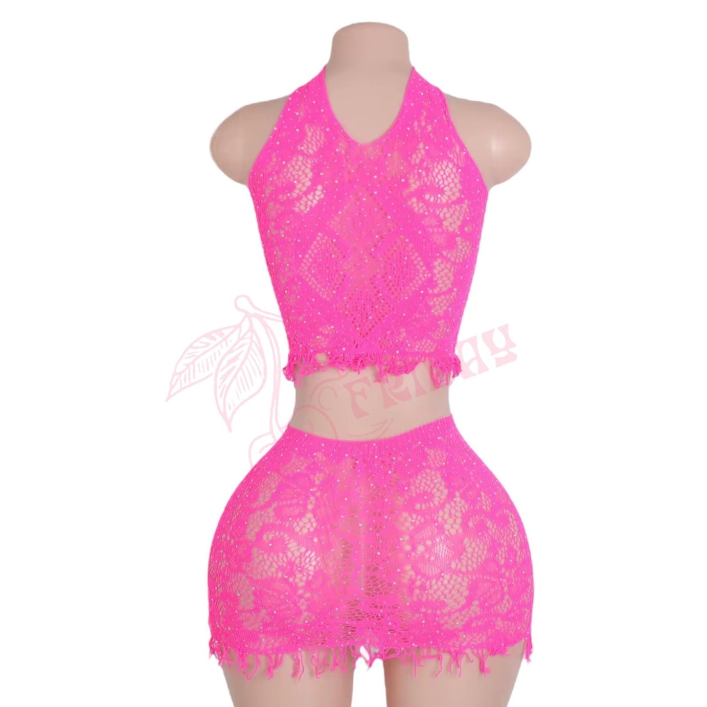 Hot Pink Lace Sheer Mesh Fishnet Mini Skirt + Halter Top 2 Piece Set - GrlFriday Shop