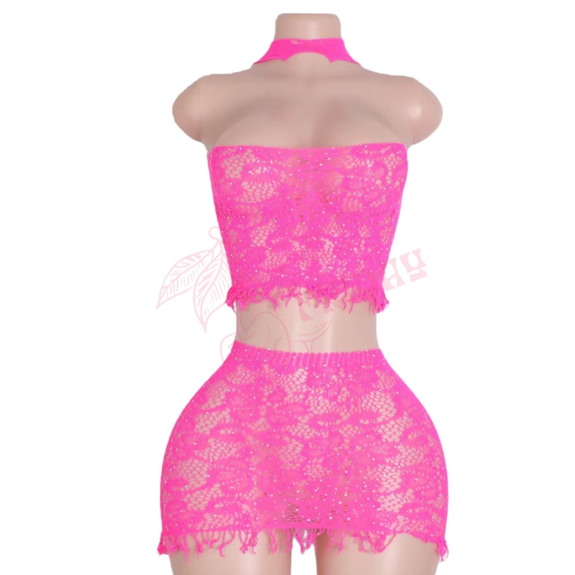 Hot Pink Lace Sheer Mesh Fishnet Mini Skirt + Halter Top 2 Piece Set - GrlFriday Shop