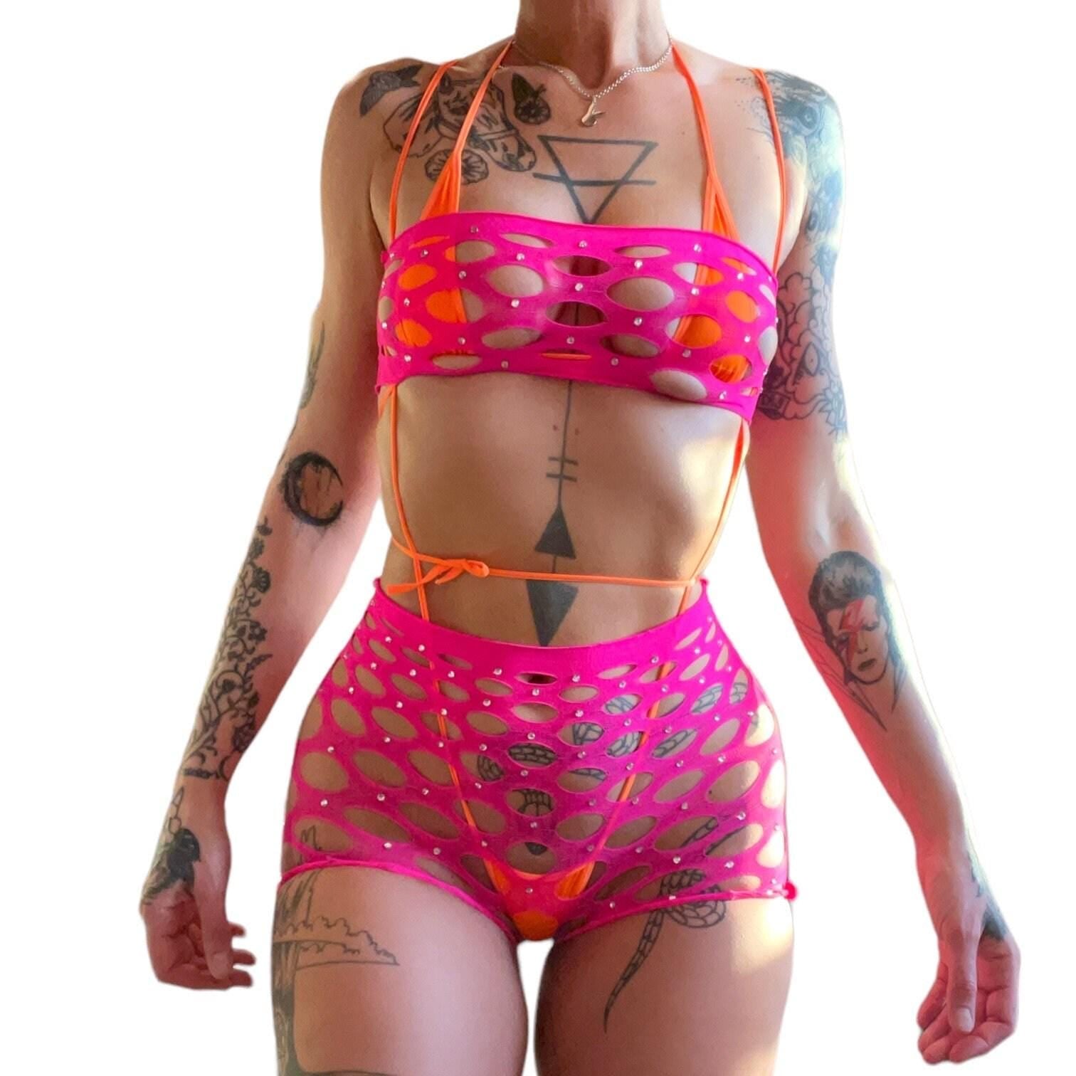HOT Pink Rhinestoned Mesh Short Set - GrlFriday Shop