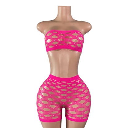 HOT Pink Rhinestoned Mesh Short Set - GrlFriday Shop