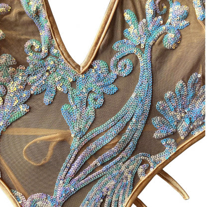 Iridescent Sequin Nude Mesh Thong One-Piece - GrlFriday Shop