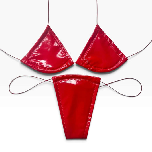 Latex Wet Look Vinyl Microkini Set - Red - GrlFriday Shop