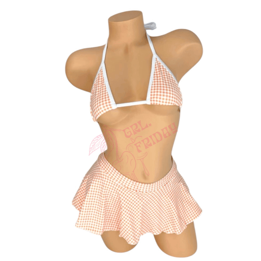 Micro String Bikini Skirt Set - Orange + White Gingham - GrlFriday Shop