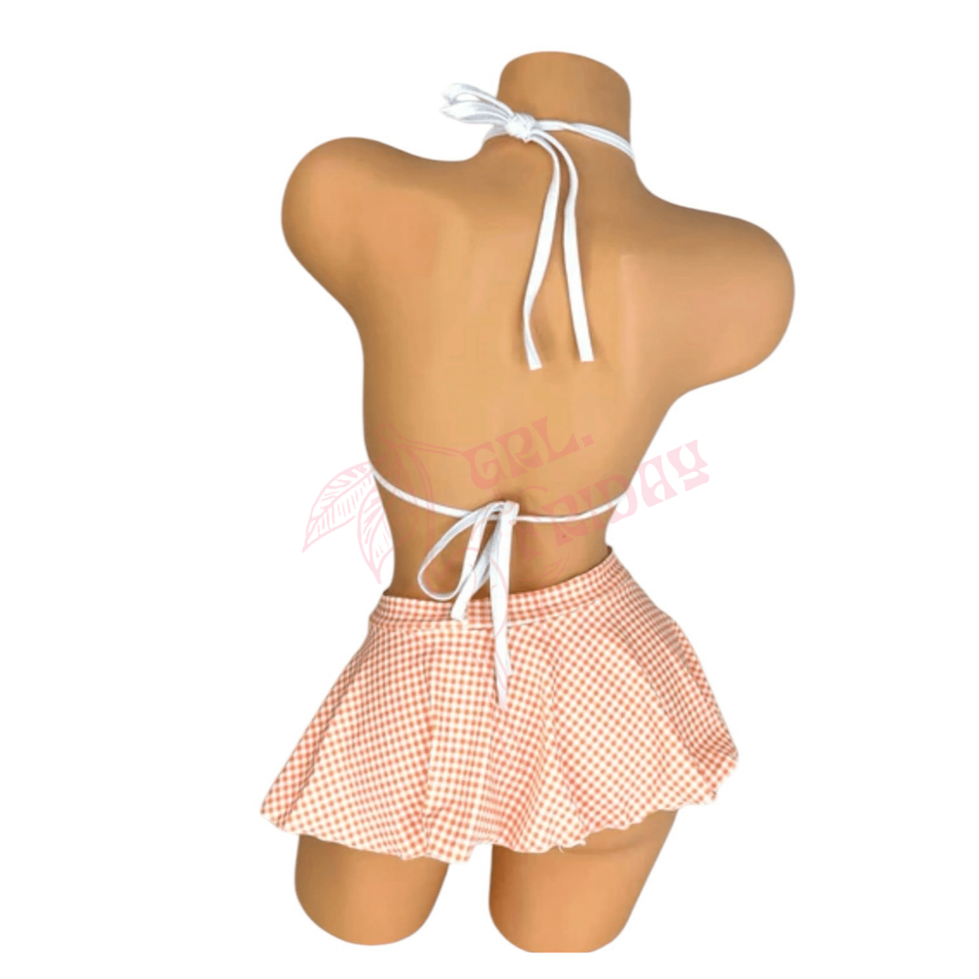 Micro String Bikini Skirt Set - Orange + White Gingham - GrlFriday Shop