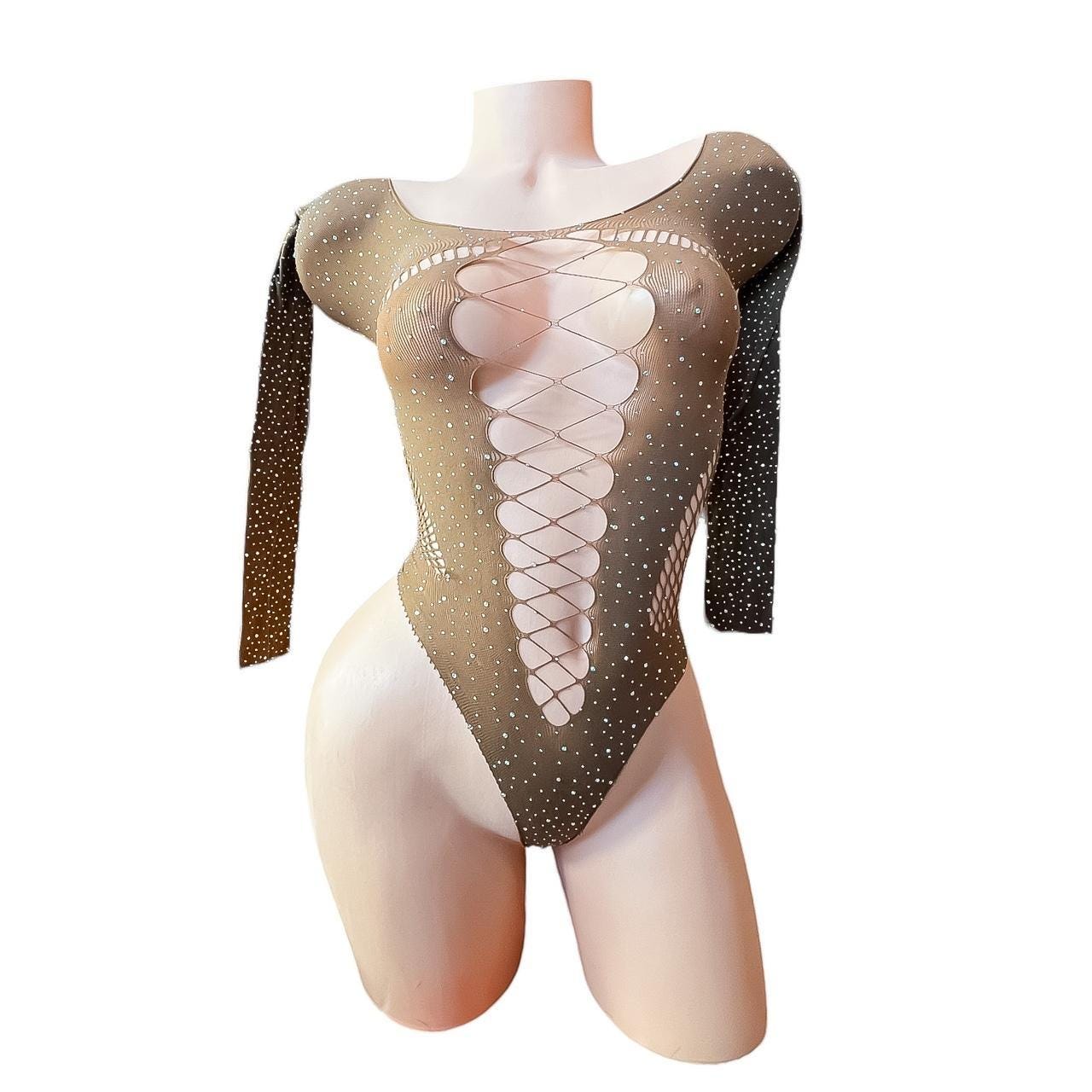 Mocha Rhinestoned Fishnet Bodysuit - GrlFriday Shop