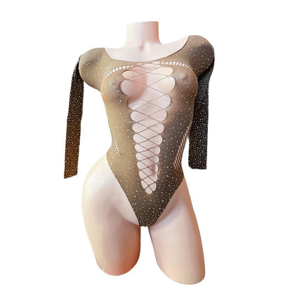 Mocha Rhinestoned Fishnet Bodysuit - GrlFriday Shop