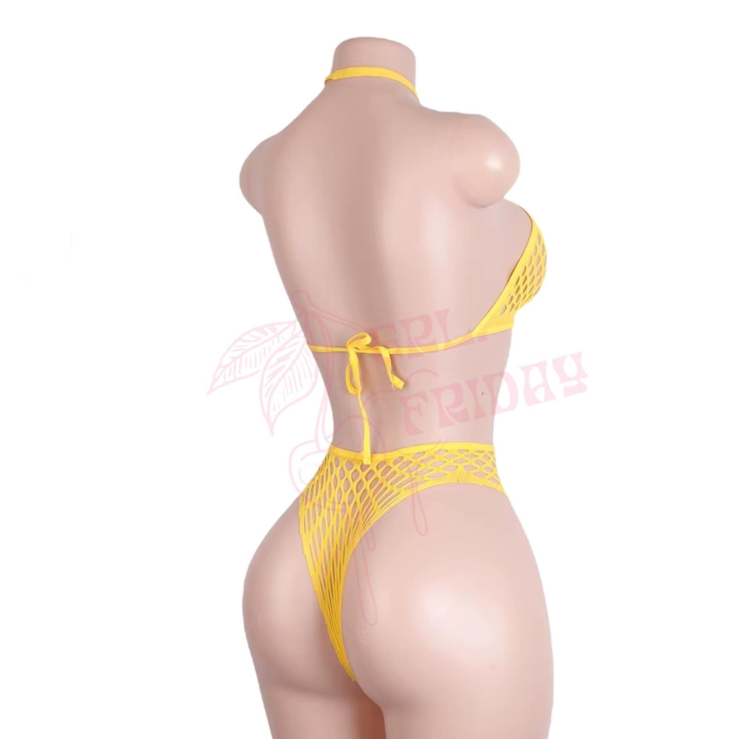 Mustard Yellow Mesh Halter Bikini Set with O - Rings - GrlFriday Shop