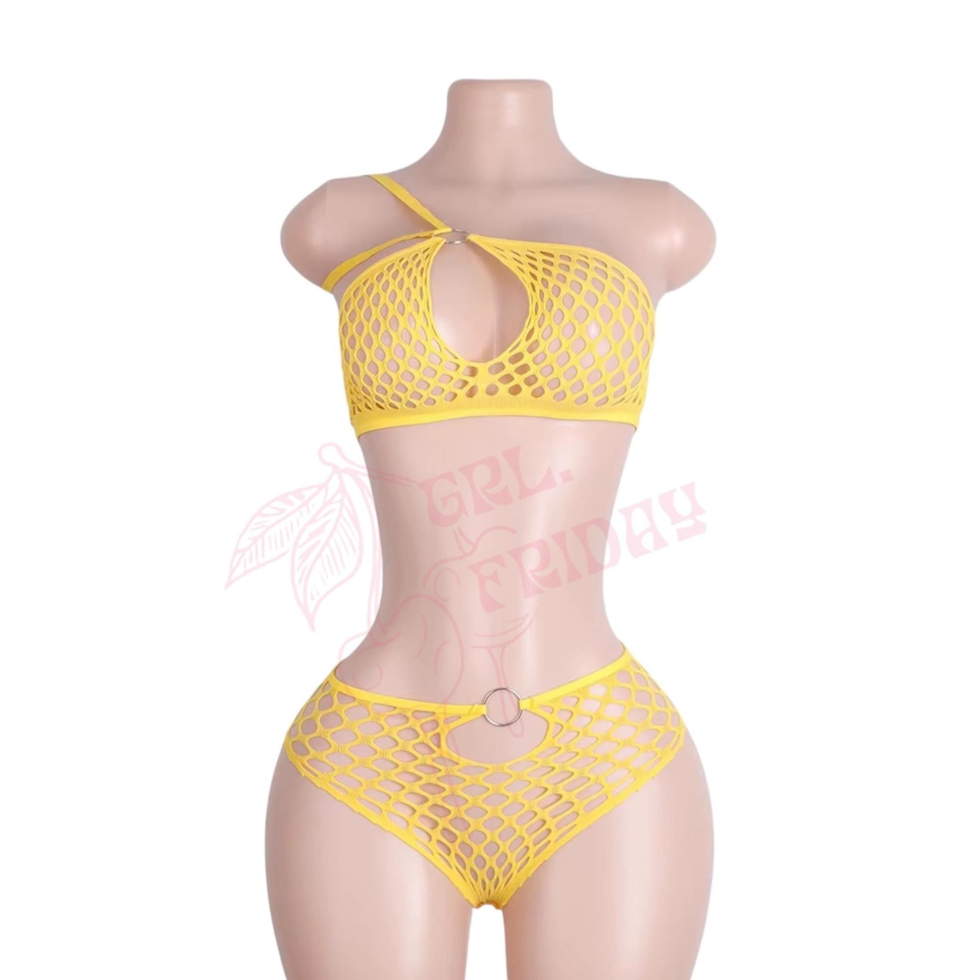 Mustard Yellow Mesh Halter Bikini Set with O - Rings - GrlFriday Shop