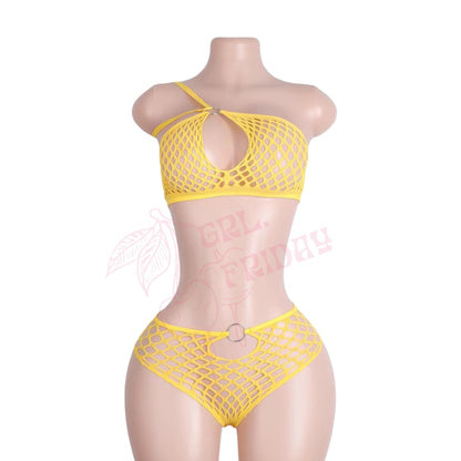 Mustard Yellow Mesh Halter Bikini Set with O - Rings - GrlFriday Shop