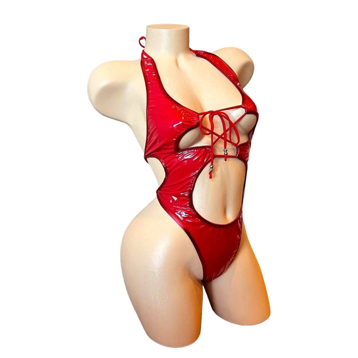 Nova - Red Latex Look Vinyl Patent Lace Up Cutout Monokini - GrlFriday Shop