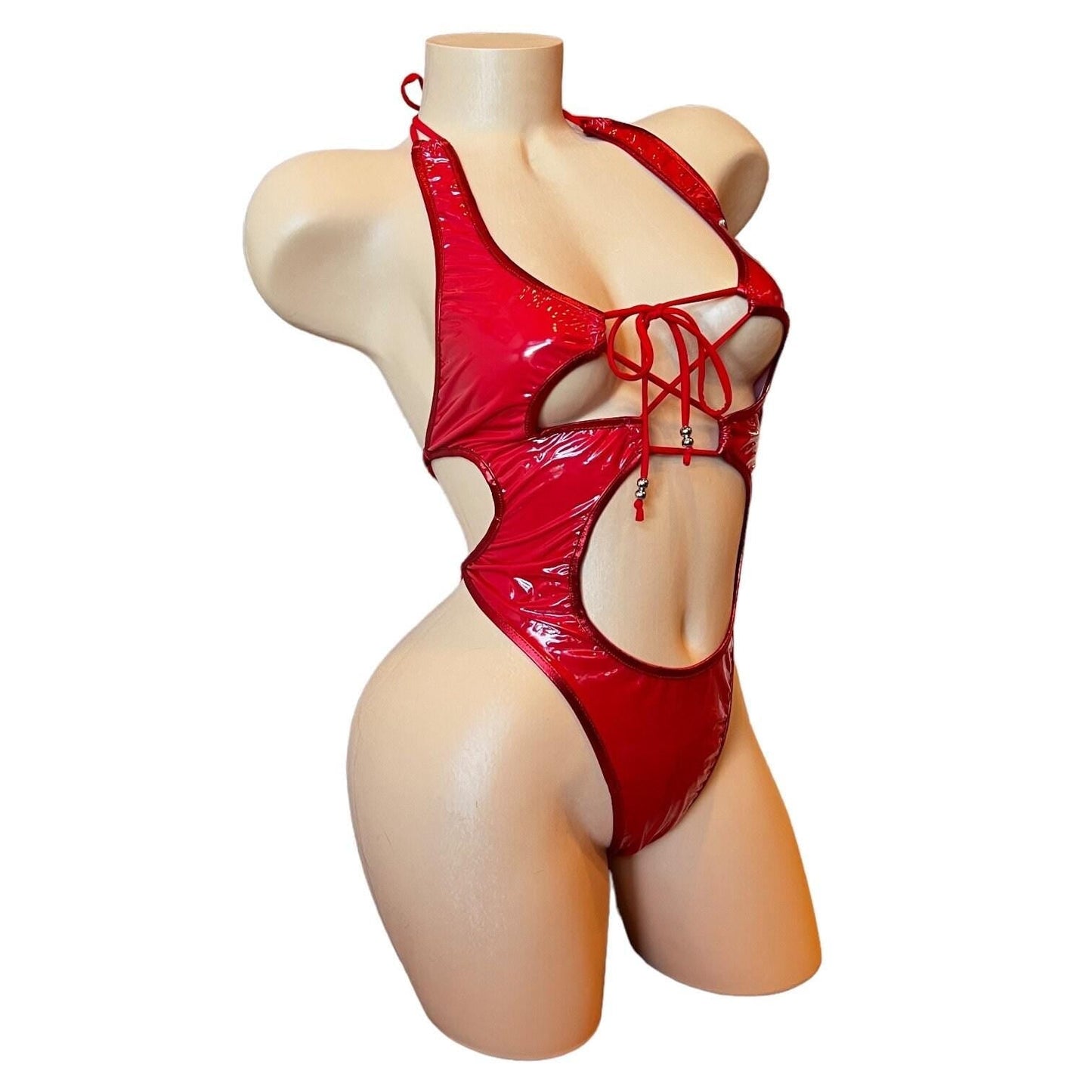 Nova - Red Latex Look Vinyl Patent Lace Up Cutout Monokini - GrlFriday Shop