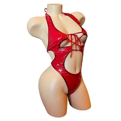Nova - Red Latex Look Vinyl Patent Lace Up Cutout Monokini - GrlFriday Shop