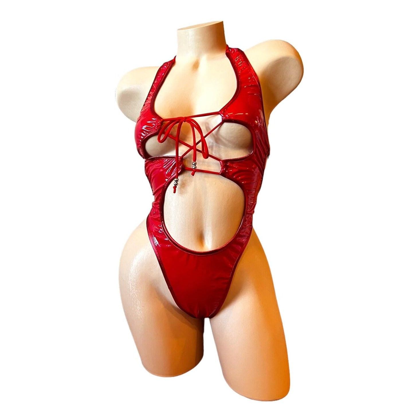 Nova - Red Latex Look Vinyl Patent Lace Up Cutout Monokini - GrlFriday Shop