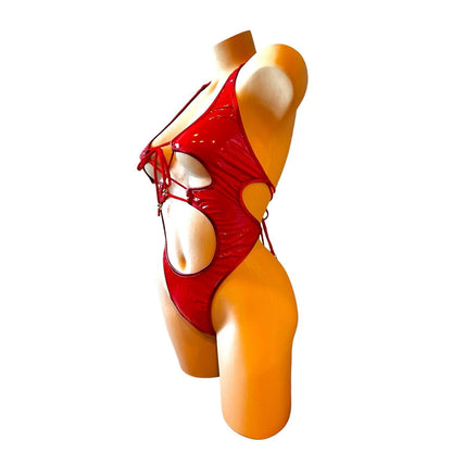 Nova - Red Latex Look Vinyl Patent Lace Up Cutout Monokini - GrlFriday Shop