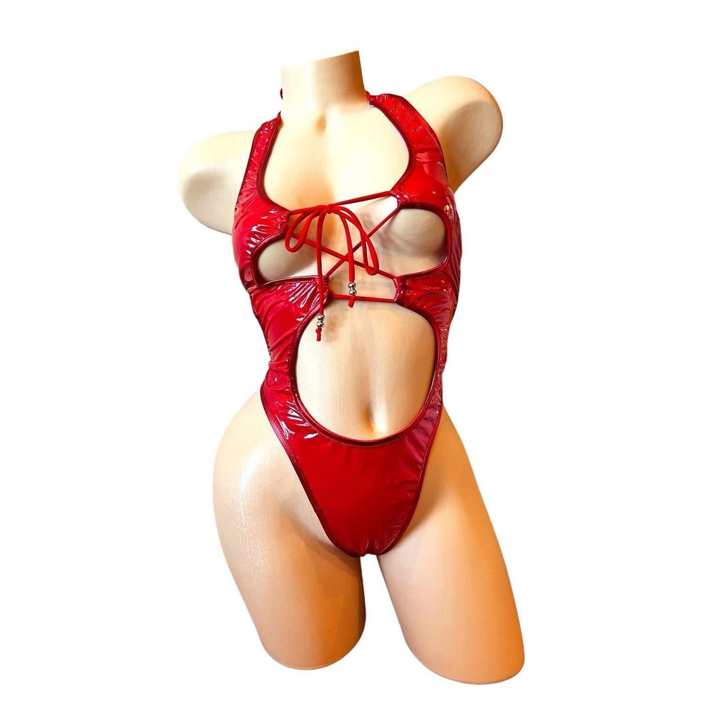 Nova - Red Latex Look Vinyl Patent Lace Up Cutout Monokini - GrlFriday Shop