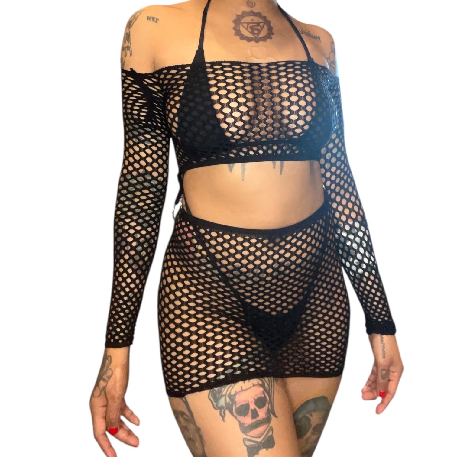 O - Ring Linked Fishnet Long Sleeve Mini Dress - GrlFriday Shop