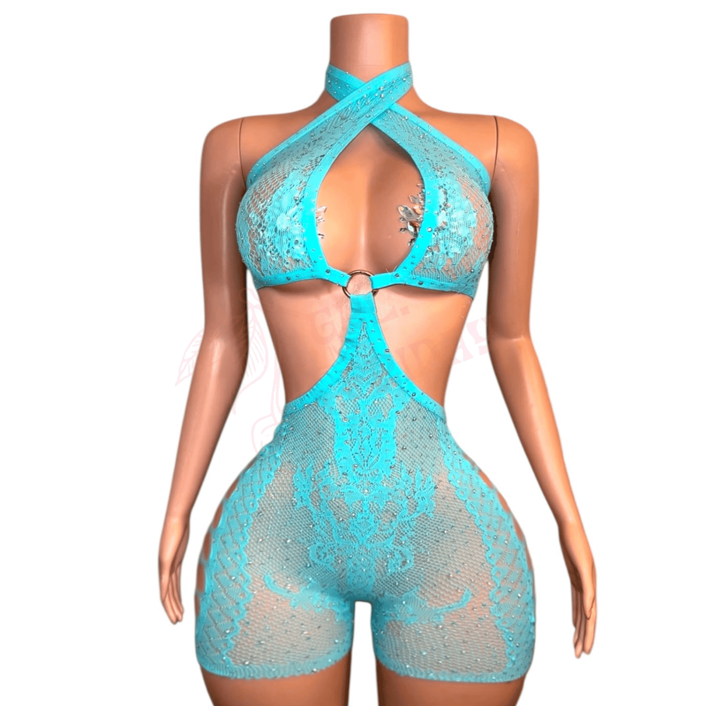 Ocean Blue Mesh Rhinestoned Halter Tie O - Ring Shorts Bodystocking - GrlFriday Shop