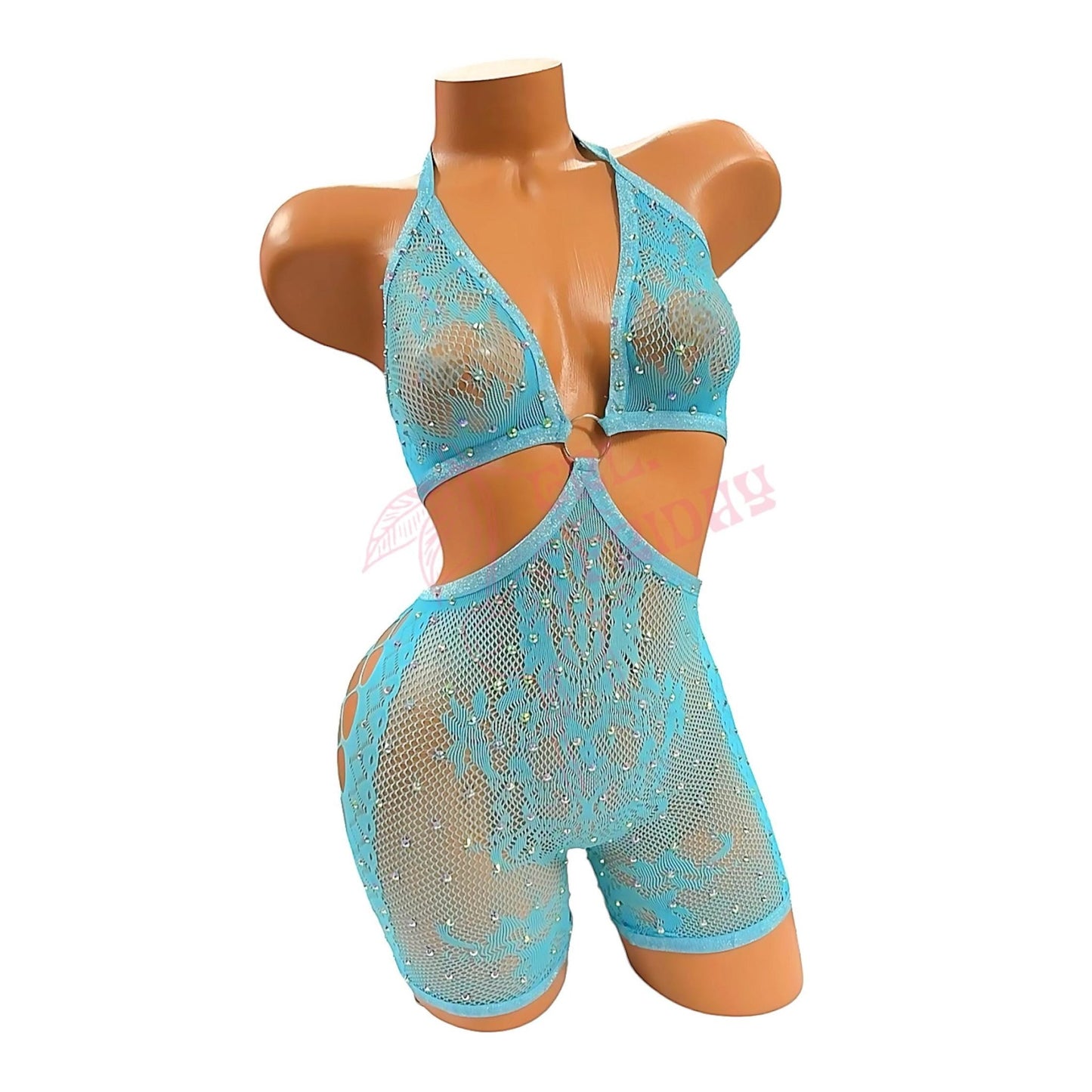 Ocean Blue Mesh Rhinestoned Halter Tie O - Ring Shorts Bodystocking - GrlFriday Shop