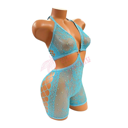 Ocean Blue Mesh Rhinestoned Halter Tie O - Ring Shorts Bodystocking - GrlFriday Shop