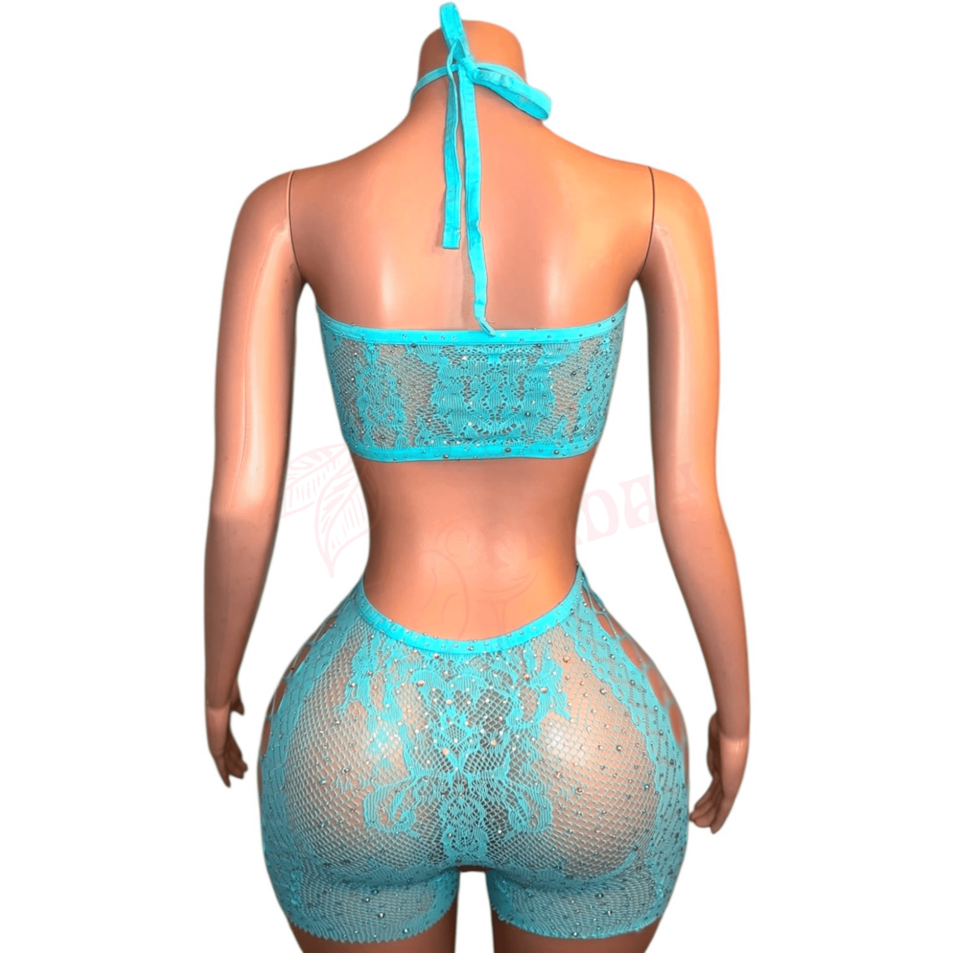 Ocean Blue Mesh Rhinestoned Halter Tie O - Ring Shorts Bodystocking - GrlFriday Shop