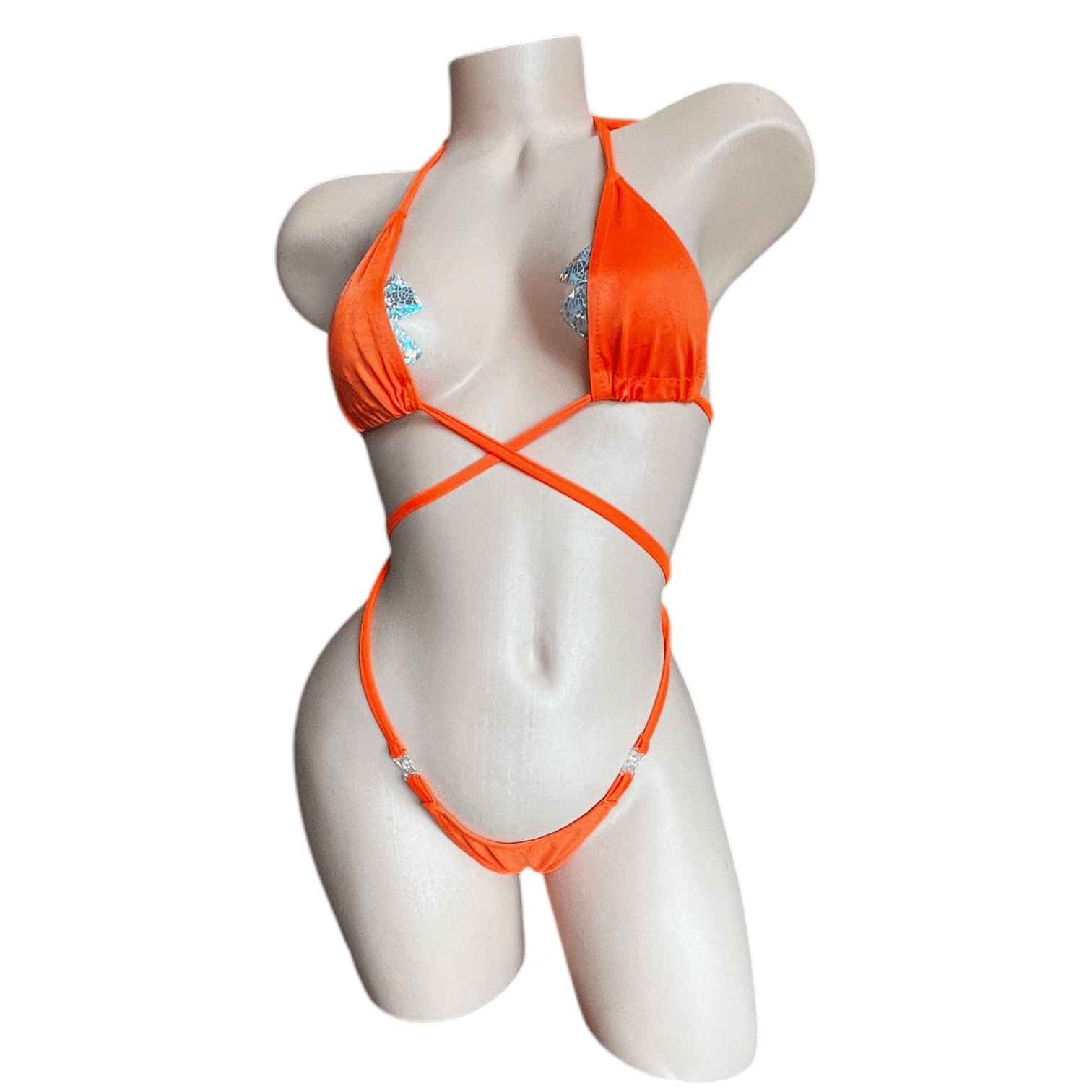 Orange G String Thong Bikini Set with Clear Plastic Quick Removal Clasps - Microkini - GrlFriday Shop
