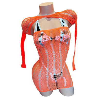 Orange Lace Sheer Mesh Fishnet Mini Tube Dress with Long Sleeve Shrug - EXOTIC DANCEWEAR - GrlFriday Shop