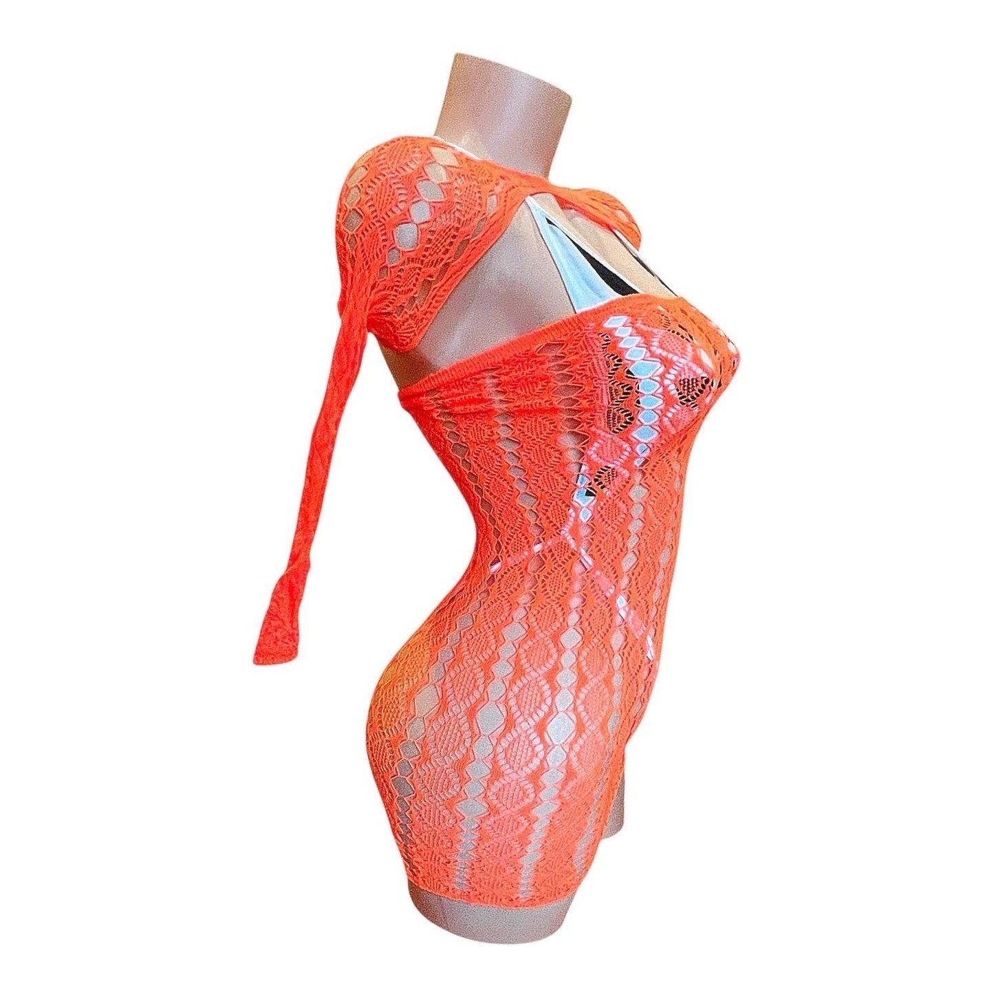 Orange Lace Sheer Mesh Fishnet Mini Tube Dress with Long Sleeve Shrug - EXOTIC DANCEWEAR - GrlFriday Shop