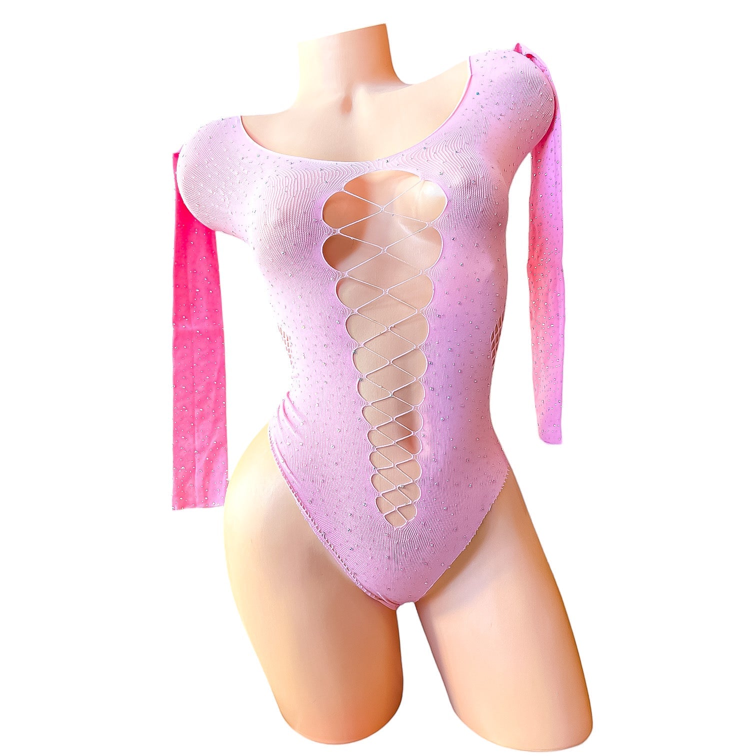 Pastel Pink Rhinestoned Fishnet Bodysuit with Cutouts - EXOTIC DANCEWEAR - GrlFriday Shop