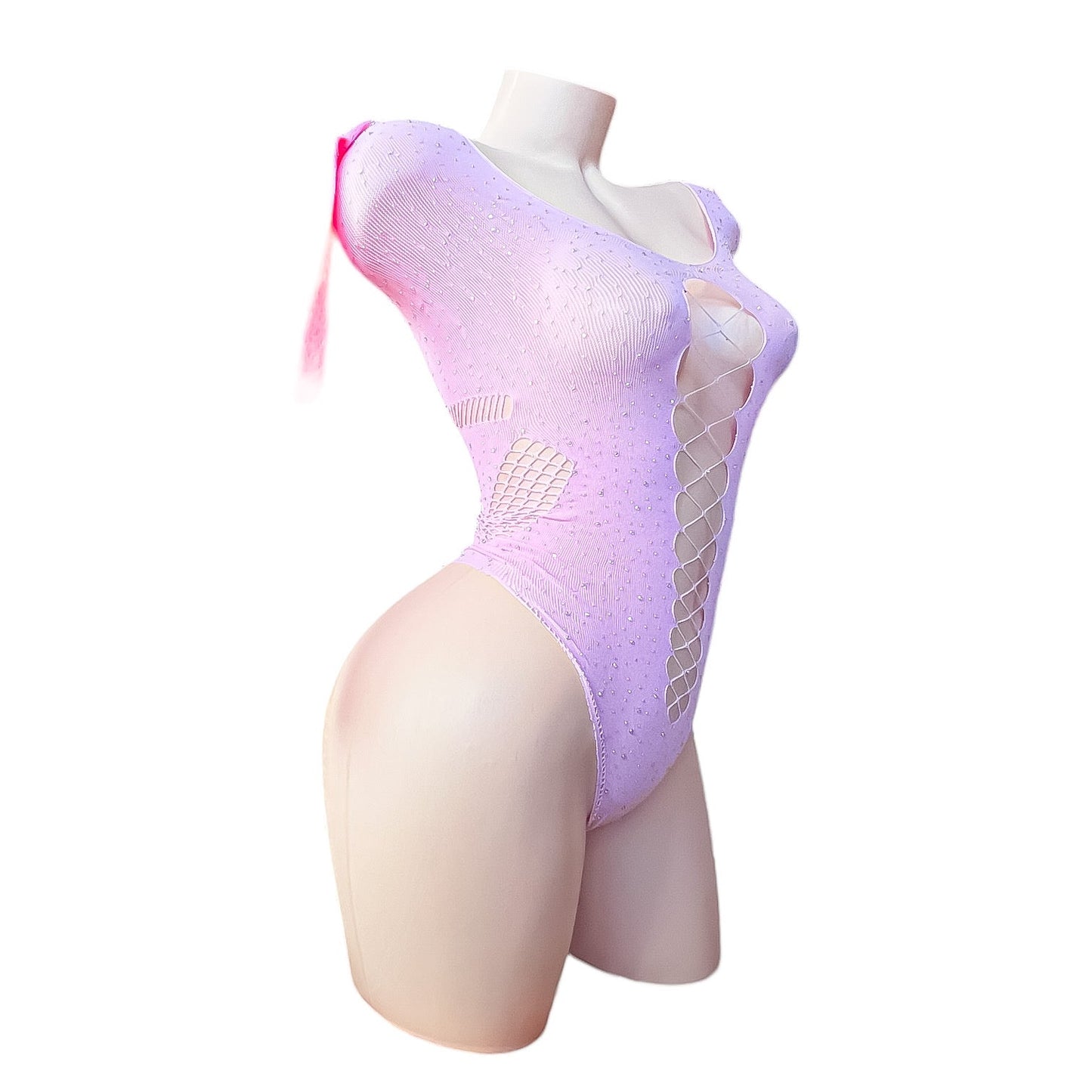 Pastel Pink Rhinestoned Fishnet Bodysuit with Cutouts - EXOTIC DANCEWEAR - GrlFriday Shop