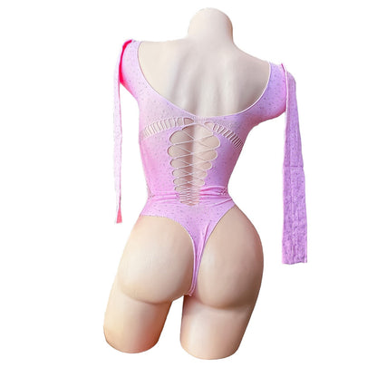 Pastel Pink Rhinestoned Fishnet Bodysuit with Cutouts - EXOTIC DANCEWEAR - GrlFriday Shop