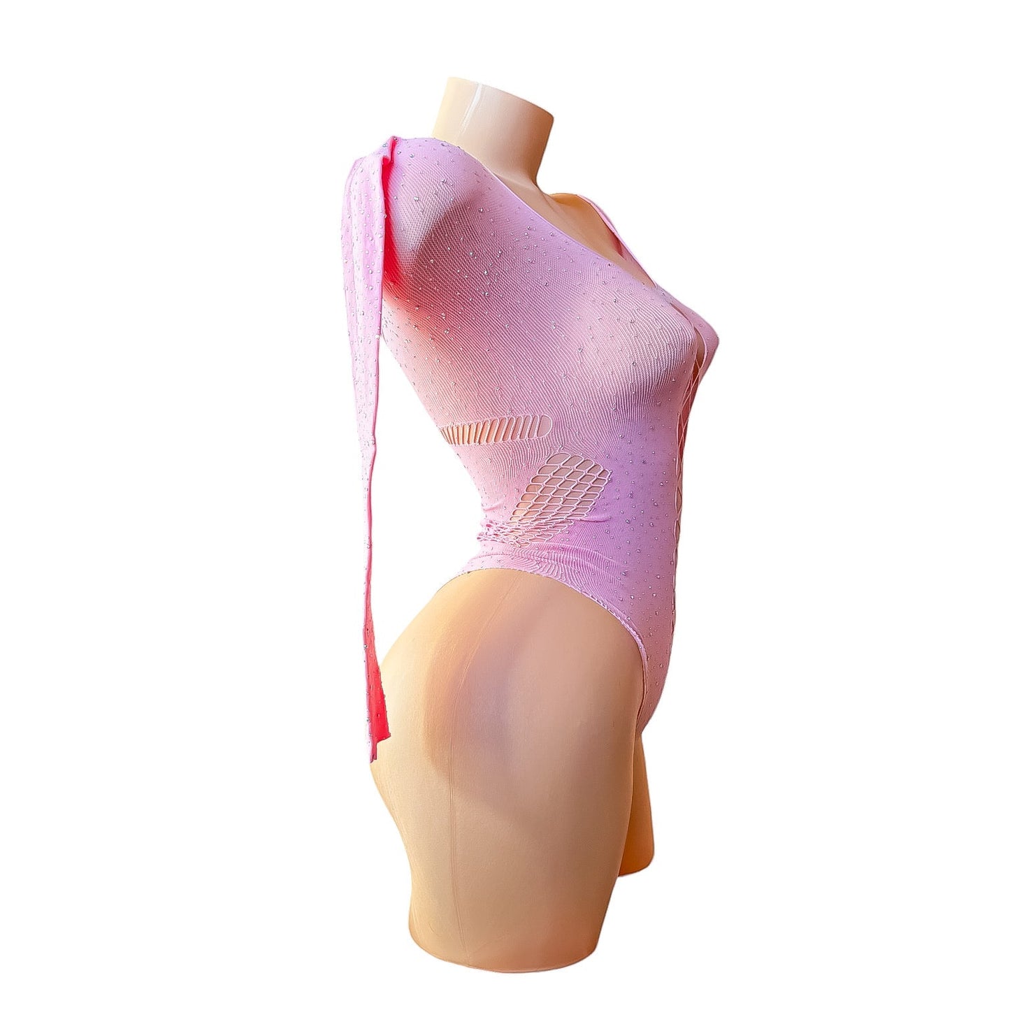 Pastel Pink Rhinestoned Fishnet Bodysuit with Cutouts - EXOTIC DANCEWEAR - GrlFriday Shop